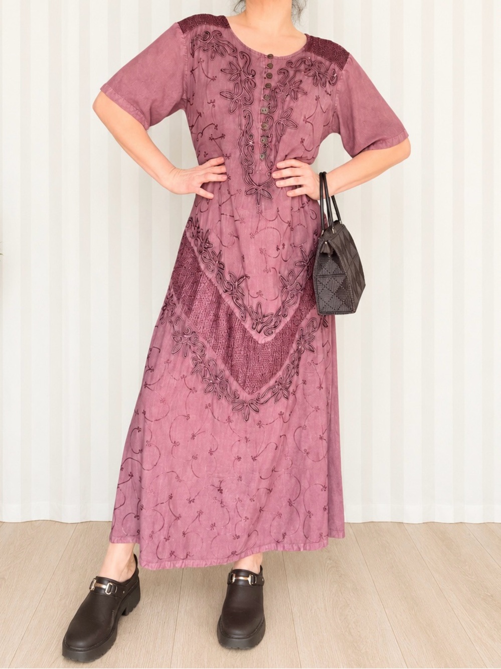 Vintage Y2K Nancy K Mauve Embroidered Rayon Maxi Dress